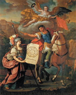 Cuadro del siglo XVIII de Juan Andrés Merklein que representa a Minerva entregando los planos de la Universidad de Huesca a Sertorio.